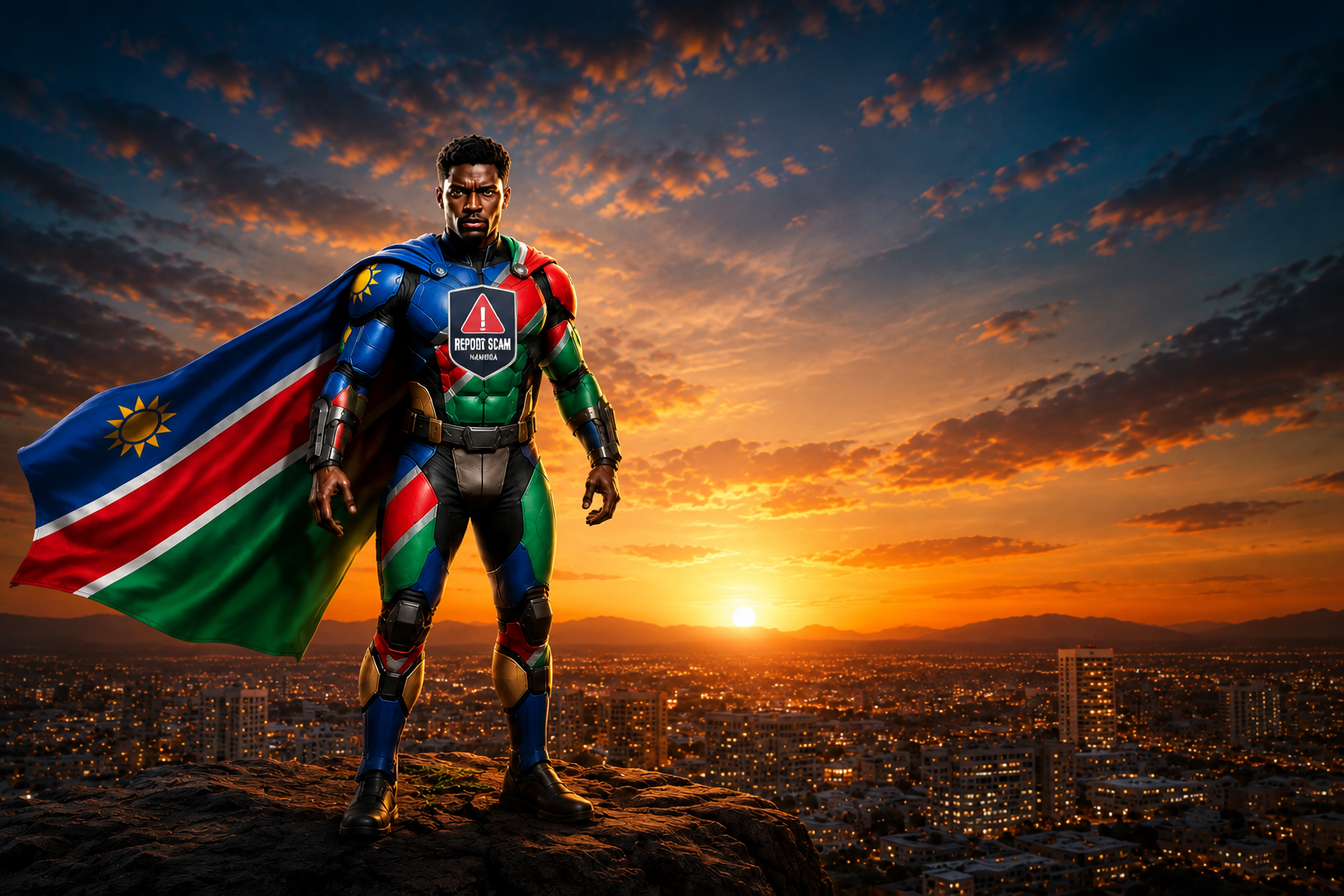 A Namibian hero in flag colours standing guard over Windhoek at sunset